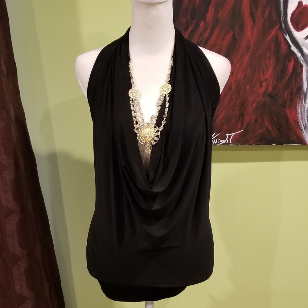 Black Halter Blouse With Gold/Crystal Accents